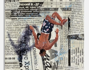 Figurative art Original acrylic painting Free fall Canvas wall art Newspaper painting People art Contemporary art 6 x 6" by Bogdan Shiptenko