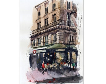 Restaurant parisien, aquarelle originale, art mural paysage urbain, peinture de rue, oeuvre d'art à l'aquarelle, art de Paris, 15 x 20 cm, par Bogdan Shiptenko