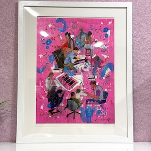 May include: A framed art print featuring a vibrant pink background with blue and white abstract doodles and multiple figures engaged in creative work. A central white paper displays the text SHON! in bold black letters, surrounded by various artistic tools.