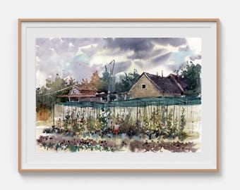 Pintura de paisaje Pintura original en acuarela Día en el jardín Cuadro enmarcado para pared Arte de jardín Pintura original 12" x 16" pulgadas de Bogdan Shiptenko