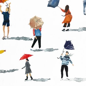 May include: Watercolor painting of people walking in the rain with umbrellas. The umbrellas are in various colors, including red, blue, and brown. The people are wearing different colored clothing.