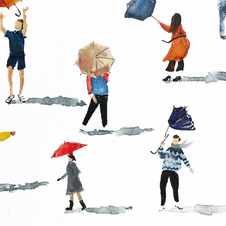 May include: Watercolor painting of people walking in the rain with umbrellas. The umbrellas are in various colors, including red, blue, and brown. The people are wearing different colored clothing.