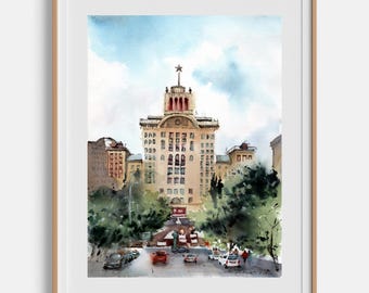 Cityscape painting Original watercolor artwork Kyiv landmark Architecture sketch City skyline art Framed wall art 9 x 12 by Bogdan Shiptenko