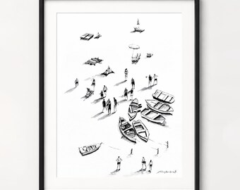 Figurative art Original watercolor painting On land Black White art People painting Framed wall art Watercolor art 20x28 by Bogdan Shiptenko