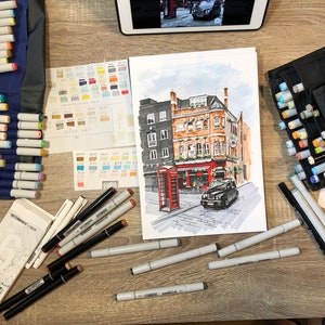 London art Original marker painting, experience the bustling energy of London's streets in this original marker painting, which skillfully captures the city's iconic architecture and dynamic street scenes in vivid detail.