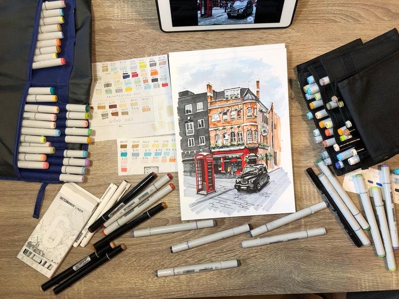 London art Original marker painting, experience the bustling energy of London's streets in this original marker painting, which skillfully captures the city's iconic architecture and dynamic street scenes in vivid detail.