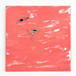 May include: A square canvas painting featuring a vibrant coral-pink background with white brushstrokes suggesting water movement. Two figures are depicted swimming: one wearing dark blue trunks and the other wearing a white two-piece swimsuit.