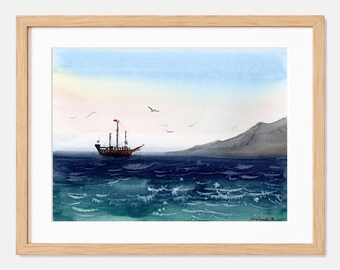Ocean painting Original watercolor painting Sailing ship Seascape painting Framed art Watercolor artwork 9" x 12" inches by Bogdan Shiptenko