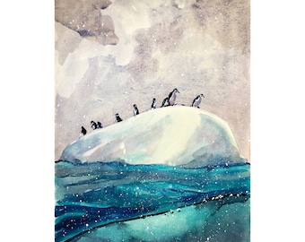 Antarktis Pinguine Druck von original Aquarell Animalische Kunst Arctic Ocean Tier Wandkunst von Bogdan Shiptenko