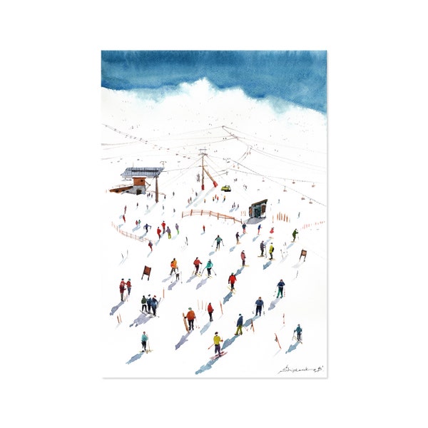 Vermont Print of Original Art Skiers Watercolor Painting Vermont Skiers Mountain Landscape 11" by 14" Original Artwork by Bogdan Shiptenko