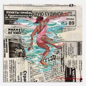 May include: An abstract painting on newsprint depicts a figure in a pink swimsuit mid-leap, surrounded by blue and turquoise brushstrokes. The artwork has a vintage aesthetic with visible newspaper text.