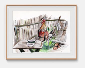 Pintura de animales Pintura original a lápiz Gallo rústico Pintura de pájaros Arte mural de animales Arte enmarcado Obra de arte original 8 x 10 de Bogdan Shiptenko