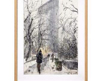 Cityscape painting Original watercolor Winter central park Architecture sketch Street art Framed wall art 12 x 16 inches by Bogdan Shiptenko