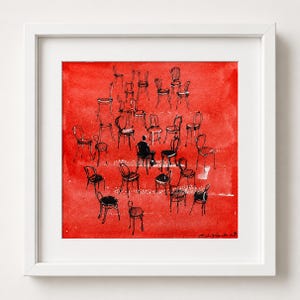 May include: A framed square art print featuring a vibrant red background with numerous black ink sketches of chairs arranged in a circle. A single black figure sits on one of the chairs in the center of the composition, surrounded by empty seats.