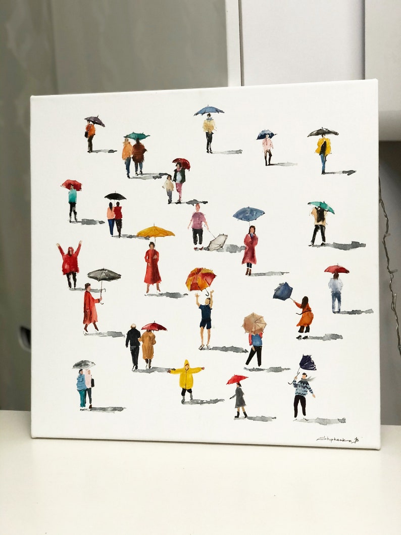 May include: A watercolor painting of people walking in the rain with umbrellas. The painting features a variety of colors, including red, blue, yellow, green, and purple. The people are all wearing different clothes and carrying umbrellas of different sizes and colors. The painting is set against a white background.