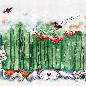May include: A cross-stitch pattern featuring a group of dogs peeking out from behind a green fence. The dogs are of various breeds and colors, including black and white, brown and white, and gray. There are also two red birds perched on branches above the fence.