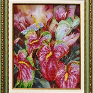 De kit voor borduren met kralen op het canvas "flamingo flower"; Beaded schilderijen. bloemen borduurwerk; kralen bloemen