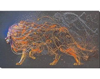 May include: A canvas art piece depicting a lion in a dotted, geometric style. The lion's mane is a mix of orange, yellow, and purple, with a dark gray background. The lion is walking to the right, with a dotted tail.