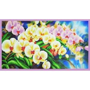 Paintings of Beads The kit for Embroidery with beads on the canvas Orchids are in Garden; flowers beaded embroidery; beadwork; wall decor