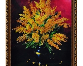 Mimosa Beaded Embroidery Kit: Czech & Japanese Beads, Floral Canvas