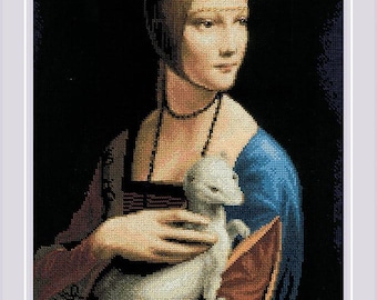 Kit Punto De Cruz Riolis 'Dama Con Armiño' – 11.75x15.75 Pulgadas, Tela Aida Negra, Hilos Anchor