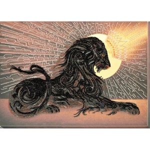 May include: A black lion with a crown above its head, made of beads, against a background of a sunburst pattern.