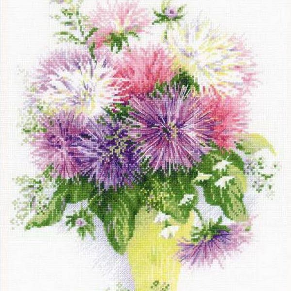 Cross Stitch Kit par Riolis - Asters ; Fleurs en point de croix. Cadeau de fête des mères ; Décoration murale ; Passe-temps ; Passe-temps de l’artisanat ; Broderie de fleurs