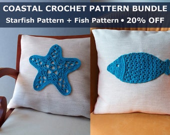 starfish crochet applique throw pillow crochet pattern bundle crochet starfish applique fish applique coastal crochet pillow crochet gift