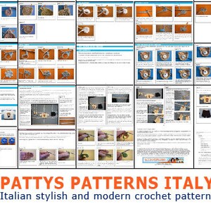 Puede incluir: Un collage de im&aacute;genes que muestran varios patrones de ganchillo, incluyendo joyas, osos de peluche y prendas de vestir. El texto "PATTY'S PATTERNS ITALY" y "Italian stylish and modern crochet patterns" se muestra en la parte inferior.