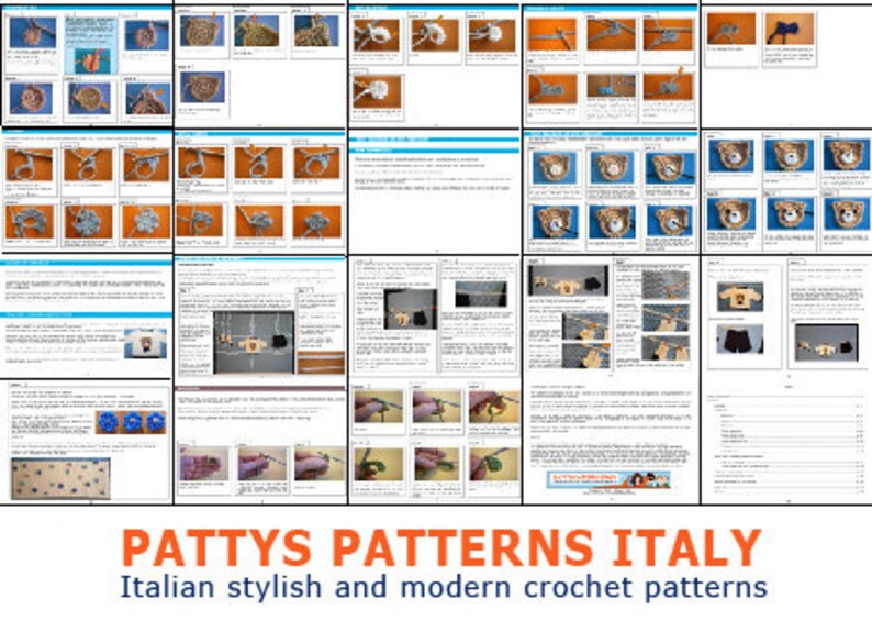 Puede incluir: Un collage de im&aacute;genes que muestran varios patrones de ganchillo, incluyendo joyas, osos de peluche y prendas de vestir. El texto "PATTY'S PATTERNS ITALY" y "Italian stylish and modern crochet patterns" se muestra en la parte inferior.