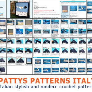 Puede incluir: Un collage de im&aacute;genes que muestran patrones de ganchillo, con primeros planos del proceso de ganchillo. Se muestra el texto "PATTY'S PATTERNS ITALY", junto con el lema "Italian stylish and modern crochet patterns."
