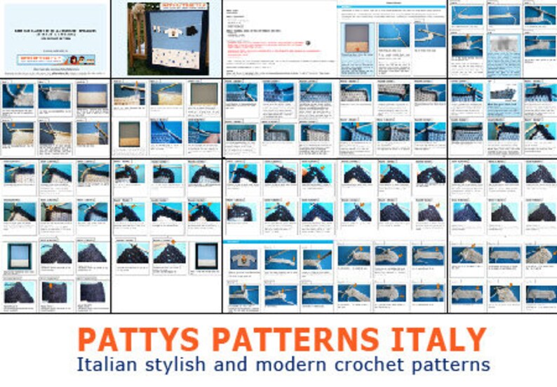 Puede incluir: Un collage de im&aacute;genes que muestran patrones de ganchillo, con primeros planos del proceso de ganchillo. Se muestra el texto "PATTY'S PATTERNS ITALY", junto con el lema "Italian stylish and modern crochet patterns."