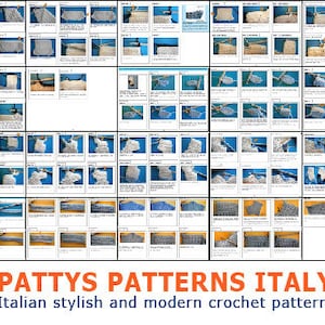 Puede incluir: Una cuadr&iacute;cula de im&aacute;genes que muestran patrones de ganchillo. Los patrones se muestran sobre un fondo azul. El texto "PATTY'S PATTERNS ITALY" y "Italian stylish and modern crochet patterns" est&aacute;n en la parte inferior.
