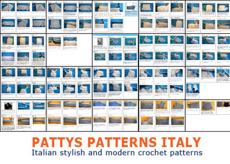 Puede incluir: Una cuadr&iacute;cula de im&aacute;genes que muestran patrones de ganchillo. Los patrones se muestran sobre un fondo azul. El texto "PATTY'S PATTERNS ITALY" y "Italian stylish and modern crochet patterns" est&aacute;n en la parte inferior.