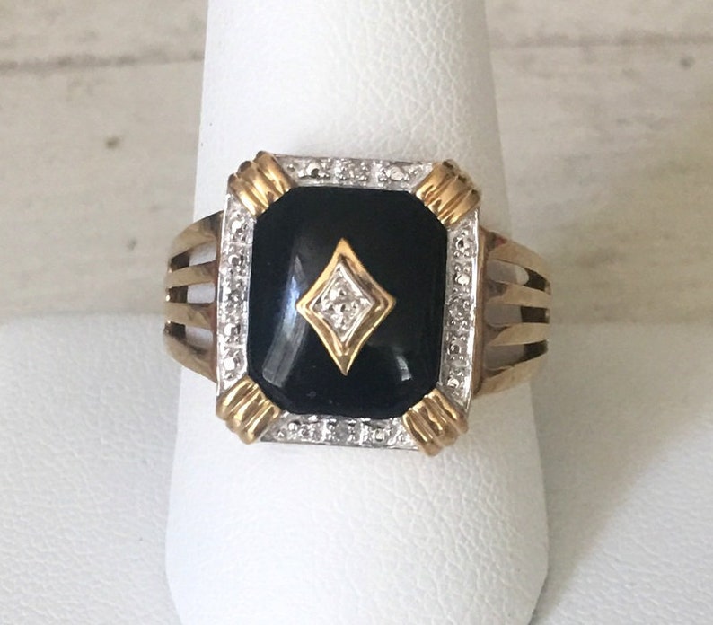Sexy Mens 10k Solid Gold Black Onyx Ring Diamond Personal Etsy