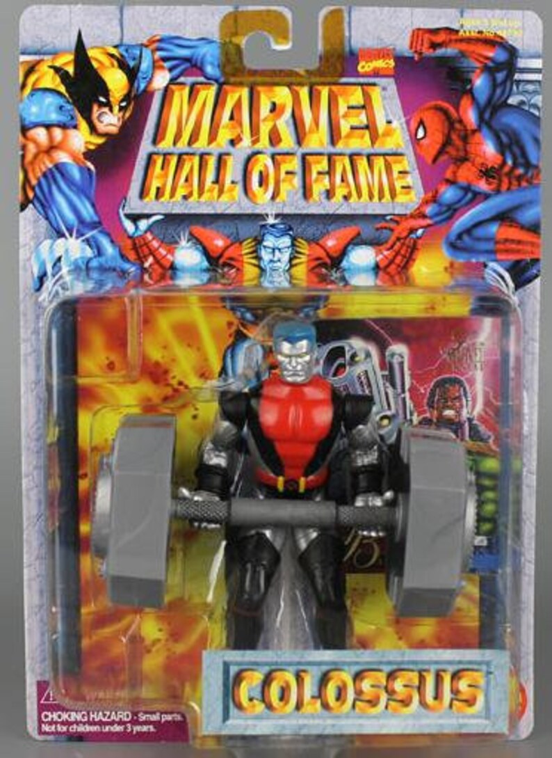 May include: A red and silver action figure of Colossus from Marvel Comics. The figure is holding a large barbell weight. The figure is posed in a lifting position. The packaging features the Marvel Hall of Fame logo.
