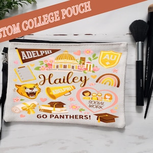 May include: A custom college pouch with the text "CUSTOM COLLEGE POUCH" at the top. The pouch is decorated with college-themed graphics, including a school name, a mascot, and the name "Hailey". Makeup brushes are to the right.