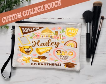 Custom College Themed Zippered Pouch | College Logo Makeup Bag | Bed Party Gift | Cosmetic Bag | Graduation Gift