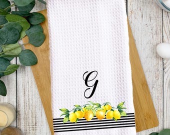 Personalized Lemon Kitchen Towel Elegant Initial|Custom Waffle Weave Dish Towel|Lemon Kitchen|Housewarming Gift|Farmhouse Kitchen Decor