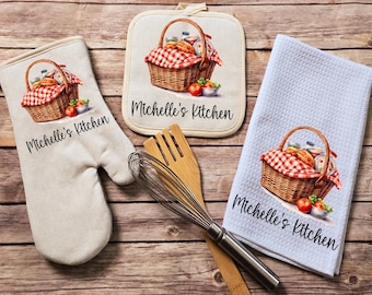 Personalized Gingham Picnic Kitchen Set|Oven Mitt Hot Pad Waffle Towel|Farmhouse Kitchen Set|Kitchen Towel|Moms Kitchen|Kitchen Gift for Her