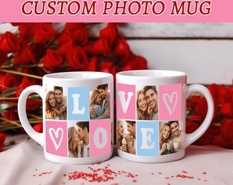 Custom Photo Love Valentine Mug | Personalized Valentine’s Day Mug | 6 Photo Collage Coffee Cup | Pink & Blue Love Design | 11oz Ceramic Mug