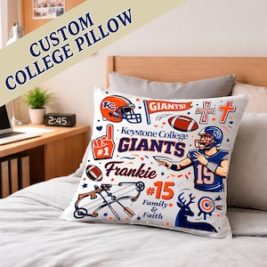 May include: White college pillow with a football theme. The pillow features a football player, helmet, footballs, and the text "Giants" and "Frankie". The pillow also has the text "Custom College Pillow".