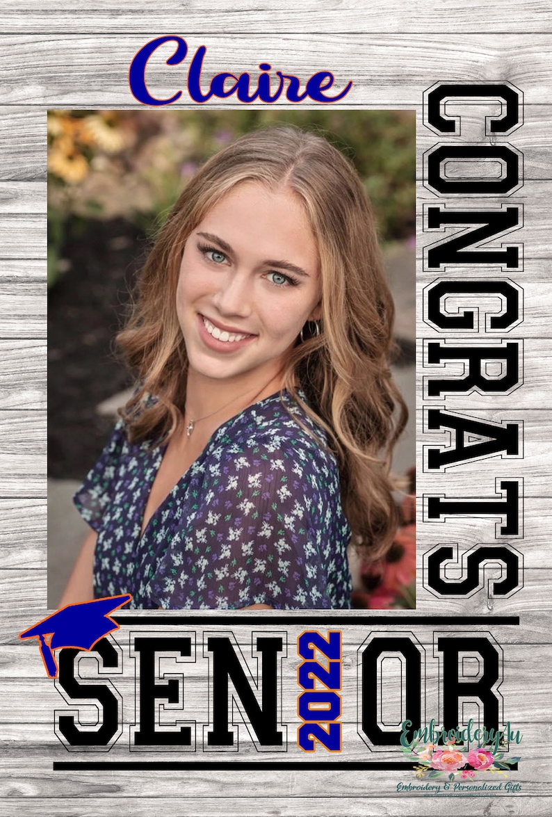 May include: A graduation announcement with a photo of a young woman in a floral dress. The announcement has a blue and orange graduation cap with the word "Senior 2022" and the word "Congrats" in black letters.