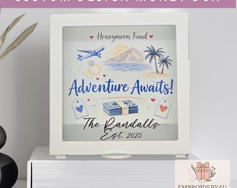 Personalized Honeymoon Fund Savings Bank|White Wooden Shadow Money Box|Coin Box|Savings Box|Wedding Gift|Keepsake Gift|6.5”x6.5” Shadow Box