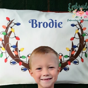 Personalized Reindeer Antler Pillowcase | Personalized Kids Christmas Pillowcase | Kids Christmas Lights Pillowcase | Reindeer Pillowcase