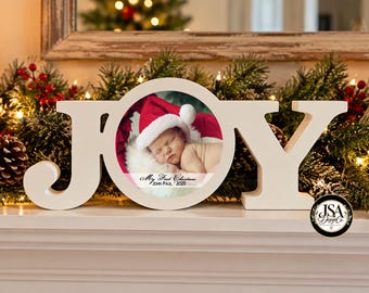 JOY Christmas Sign with Photo | Family Photo Holiday Decor | Wood Christmas Mantel Sign | Personalized Christmas Gift | Photo Christmas Gift