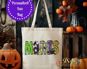 Personalized Halloween Doodle Name Tote Bag | Trick or Treat Name Bag | Halloween Bag | Canvas Halloween Bag | Kids and Adults