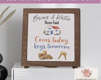 Personalized House Fund Savings Bank|Home Savings|Dark Wood Shadow Money Box|Coin Box|Savings Box|Keepsake Gift|Wedding|6.5”x6.5” Shadow Box