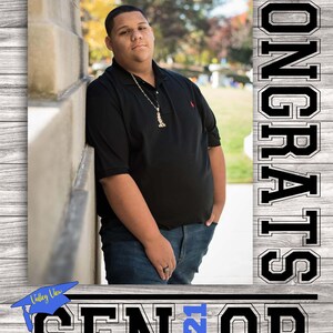 May include: A graduation announcement with a photo of a young man in a black polo shirt and blue jeans. The announcement says "Fernando 3rd" and "Congrats Senior 2021" with a blue graduation cap that says "Valley View".