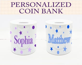 Personalized Polka Dot Ceramic Coin Bank | Custom Kids Piggy Bank | Personalized Children's Money Bank | Baby Shower Gift